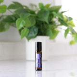 dōTERRA PastTense Roll-on 10ml auf weißer Theke mit Efeutute-Pflanze | doTERRA